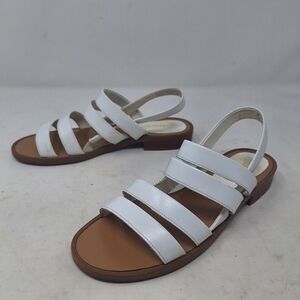 St Johns Bay White Leather Strappy Block Heel Slingback Sandals Chunky Size 5.5